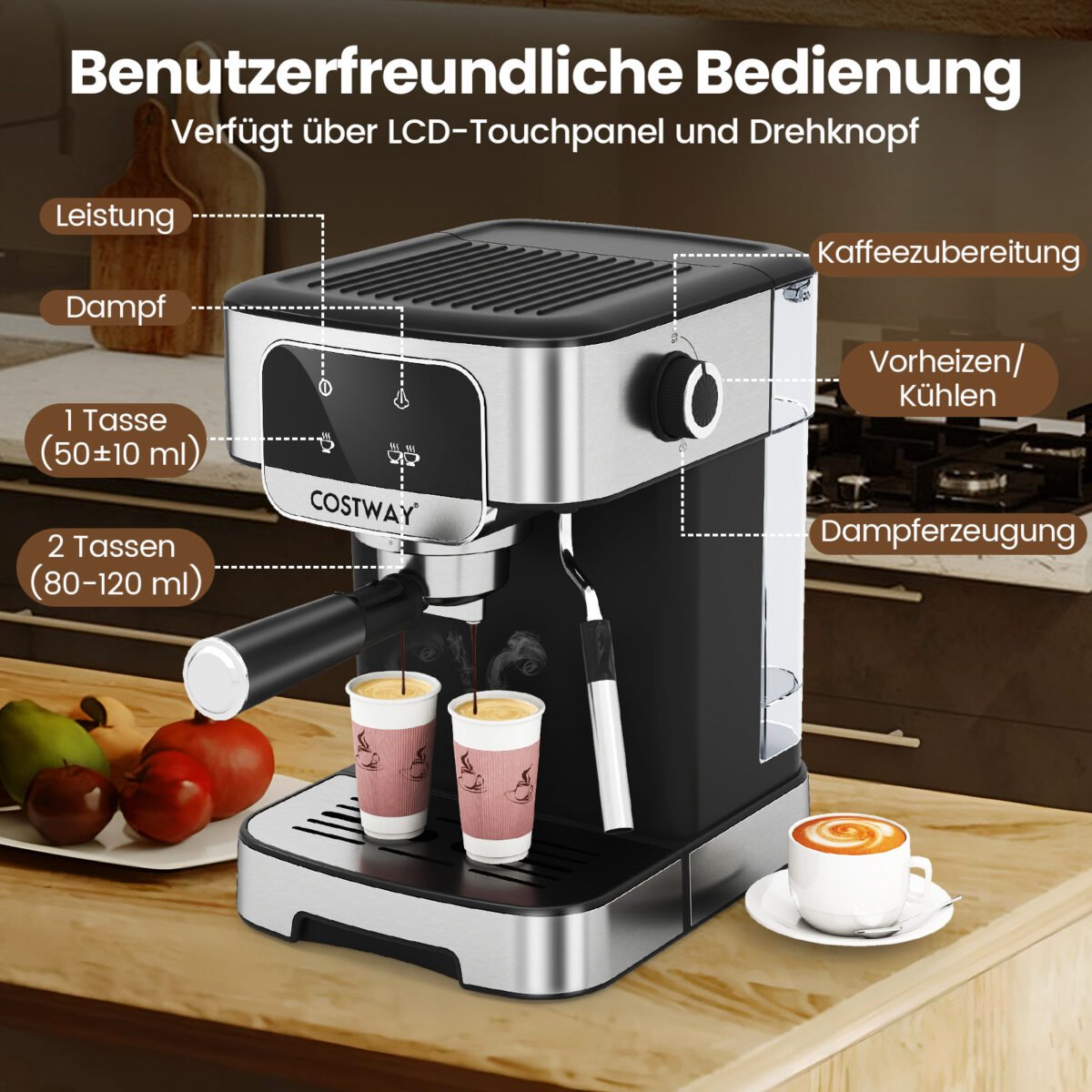 Espresso kavos aparatas su 20 barų slėgiu ir pieno putų plakikliu (Juoda) – Paveikslėlis 5