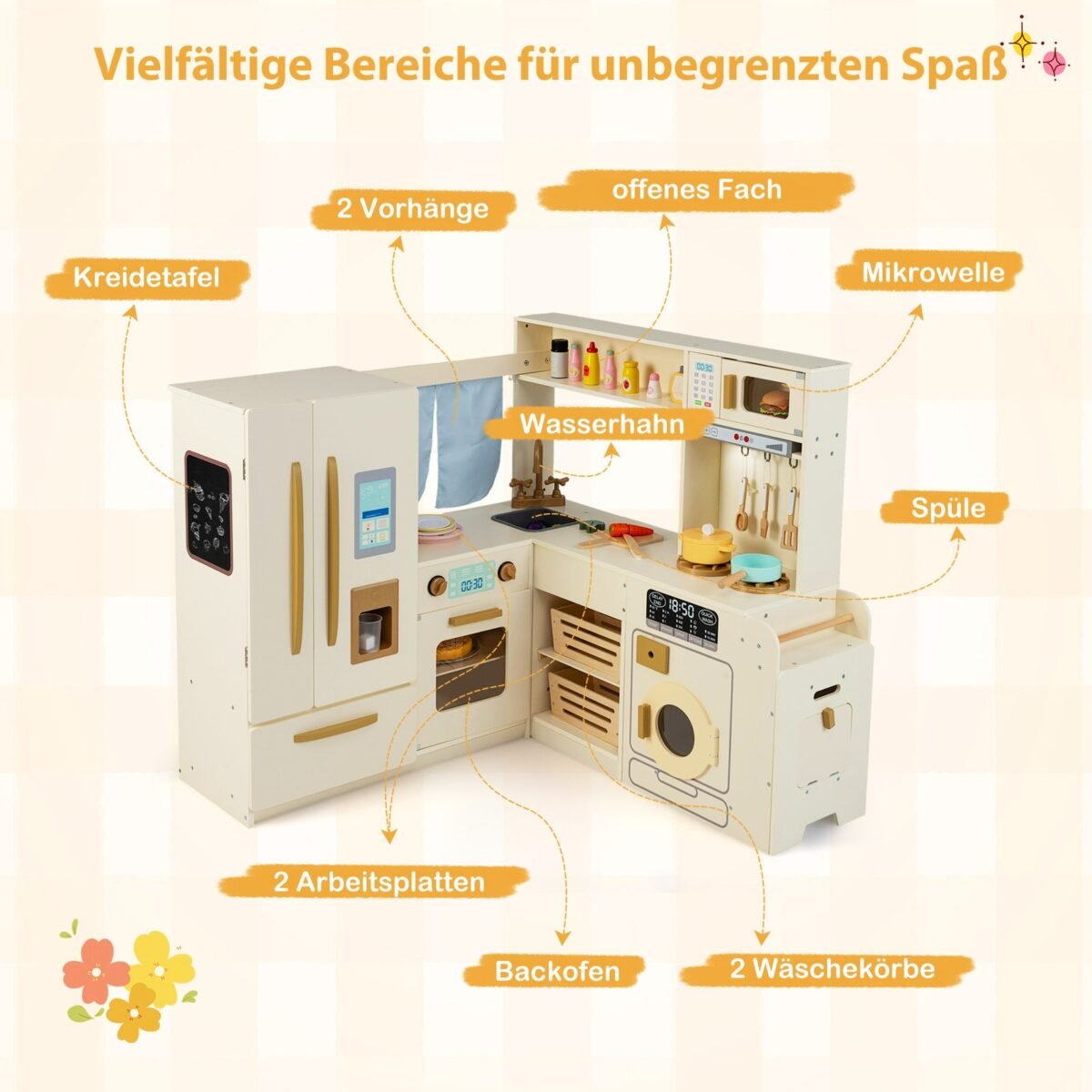 Kampinė žaidimų virtuvėlė su šviesos ir garso efektais (Smėlio spalva) – Paveikslėlis 3