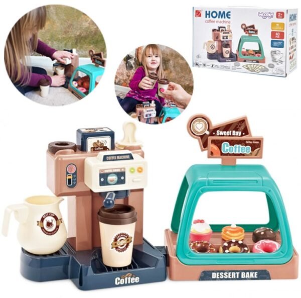 Kavinės žaidimų rinkinys su kavos aparatu ir pyragaičių vitrina