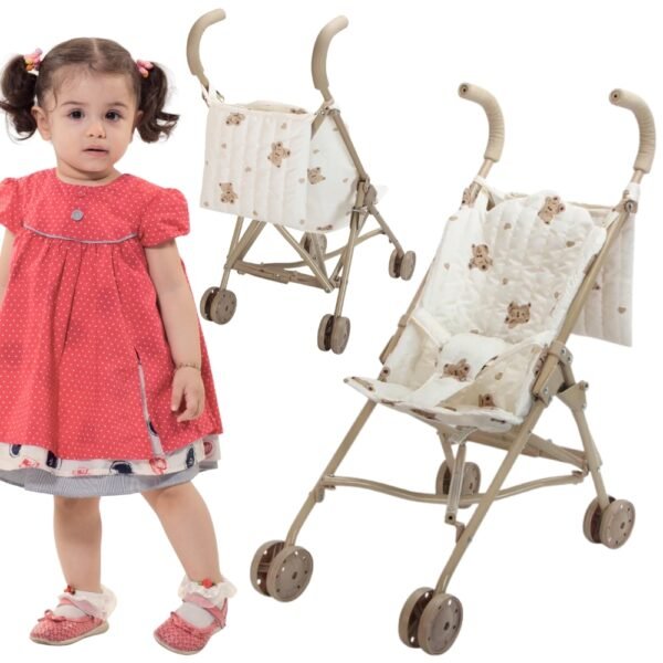 Klasikinis lėlių vežimėlis su meškiukų raštais