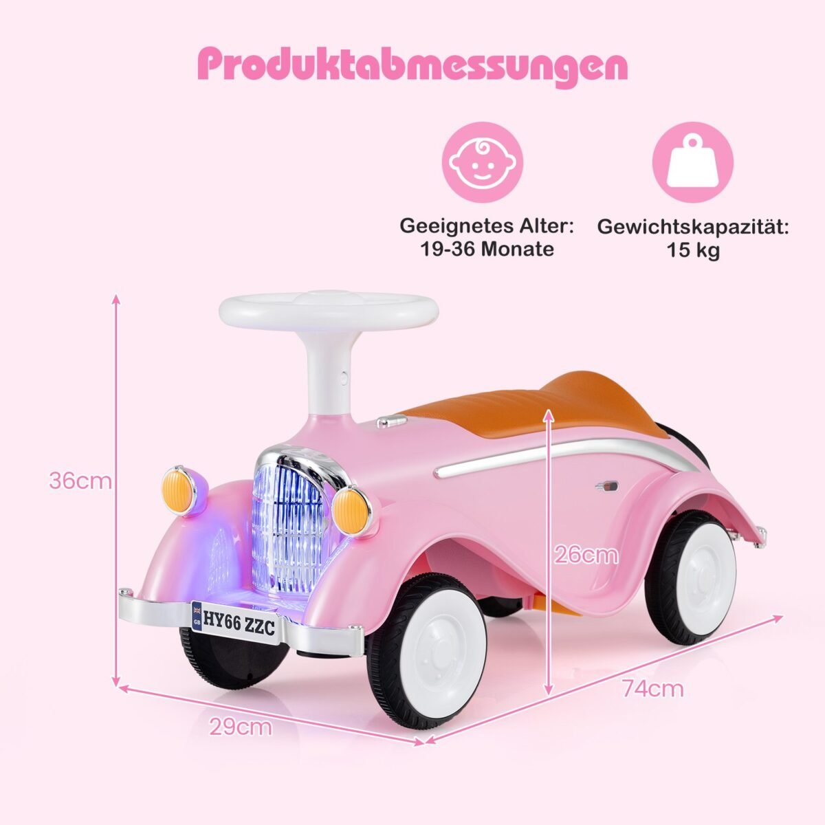 Paspiriamas automobilis vaikams su vairu ir LED žibintais (Rožinė) – Paveikslėlis 2