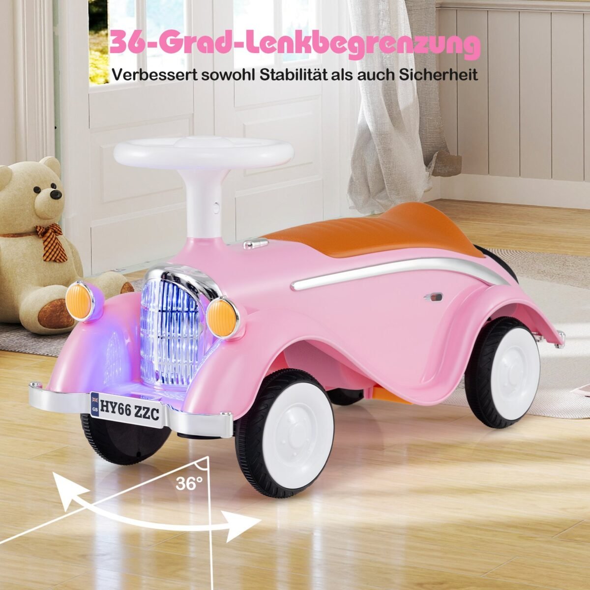 Paspiriamas automobilis vaikams su vairu ir LED žibintais (Rožinė) – Paveikslėlis 4