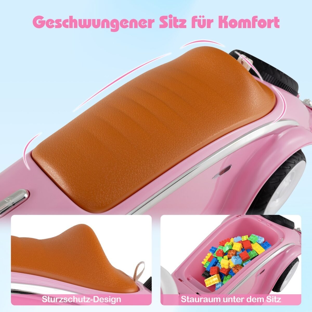 Paspiriamas automobilis vaikams su vairu ir LED žibintais (Rožinė) – Paveikslėlis 5