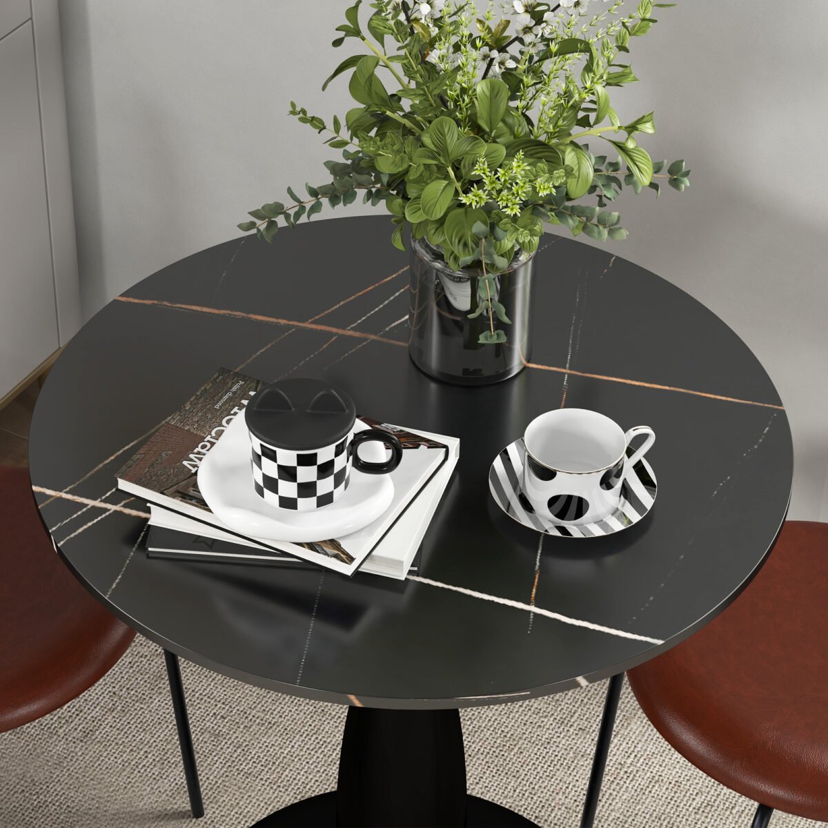 Kompaktiškas apvalus valgomojo stalas su dirbtinio marmuro paviršiumi ir plieniniu rėmu – Paveikslėlis 8