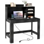 Kompiuterio stalas su antstatu ir integruotais elektros lizdais (Juoda)