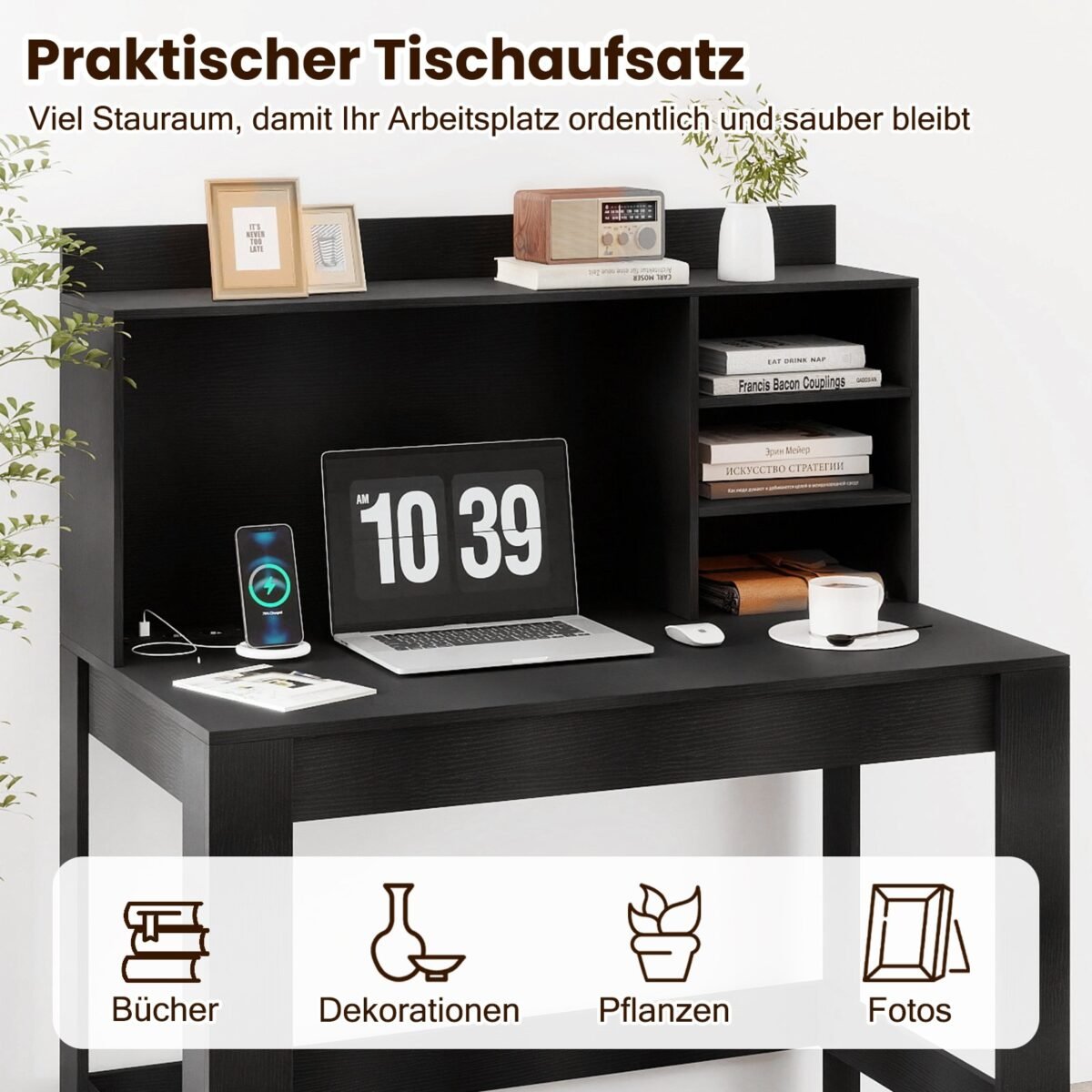 Kompiuterio stalas su antstatu ir integruotais elektros lizdais (Juoda) – Paveikslėlis 3