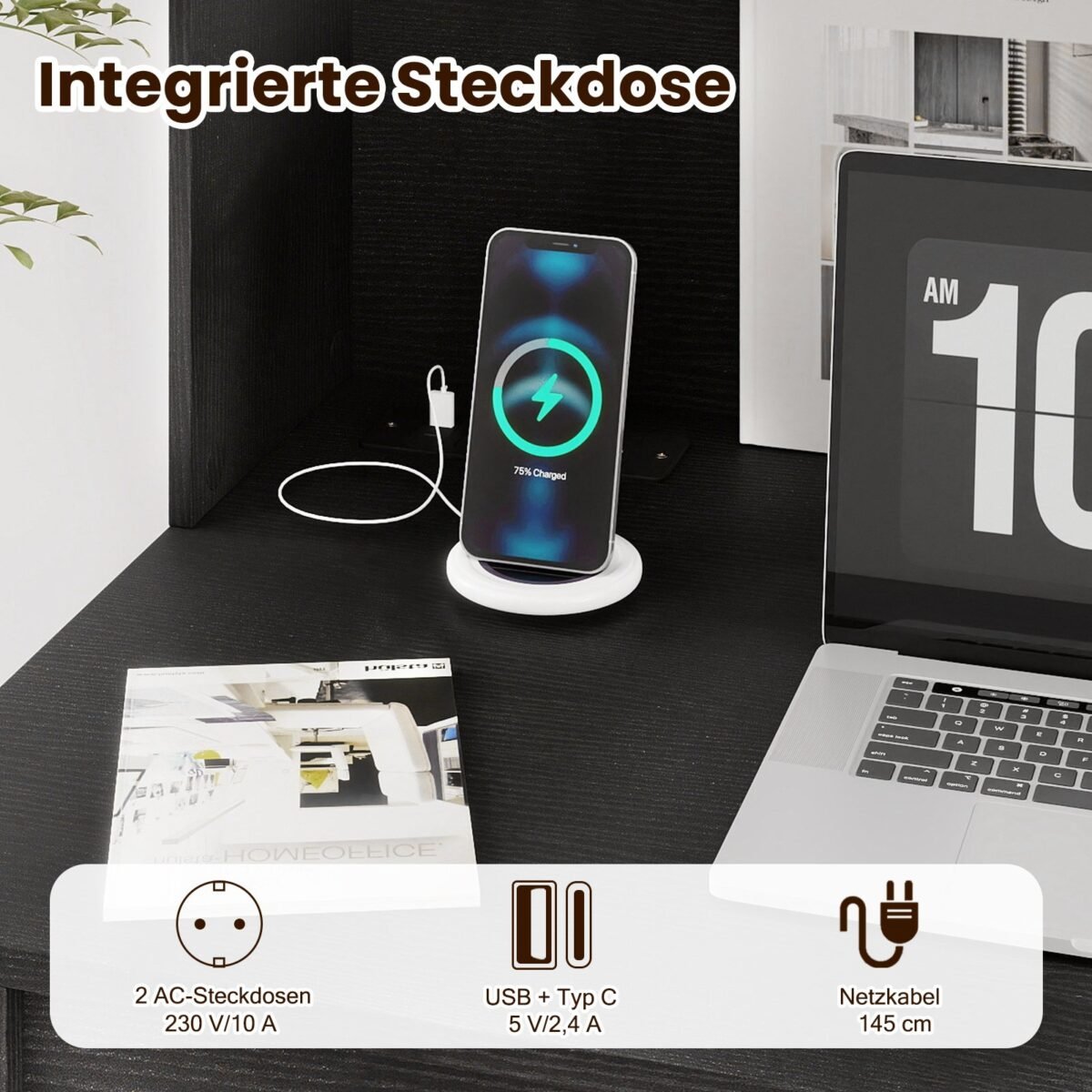 Kompiuterio stalas su antstatu ir integruotais elektros lizdais (Juoda) – Paveikslėlis 4