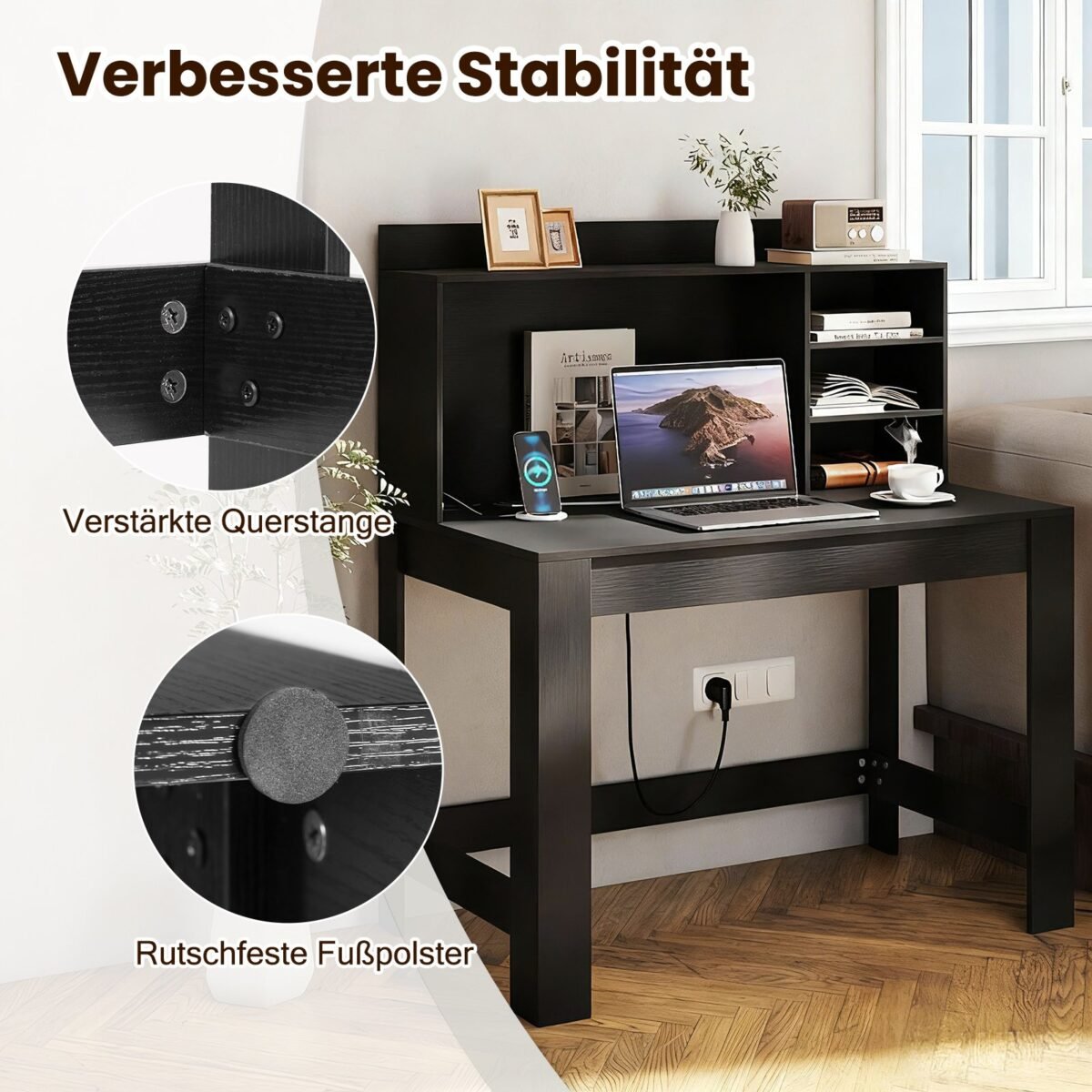 Kompiuterio stalas su antstatu ir integruotais elektros lizdais (Juoda) – Paveikslėlis 5