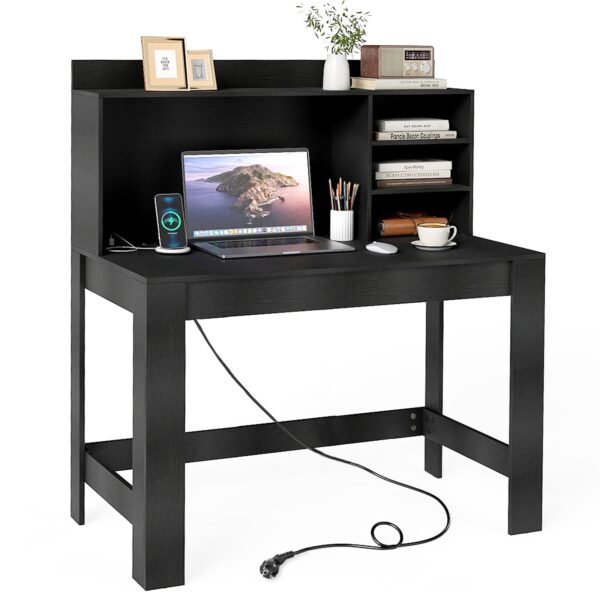 Kompiuterio stalas su antstatu ir integruotais elektros lizdais (Juoda)