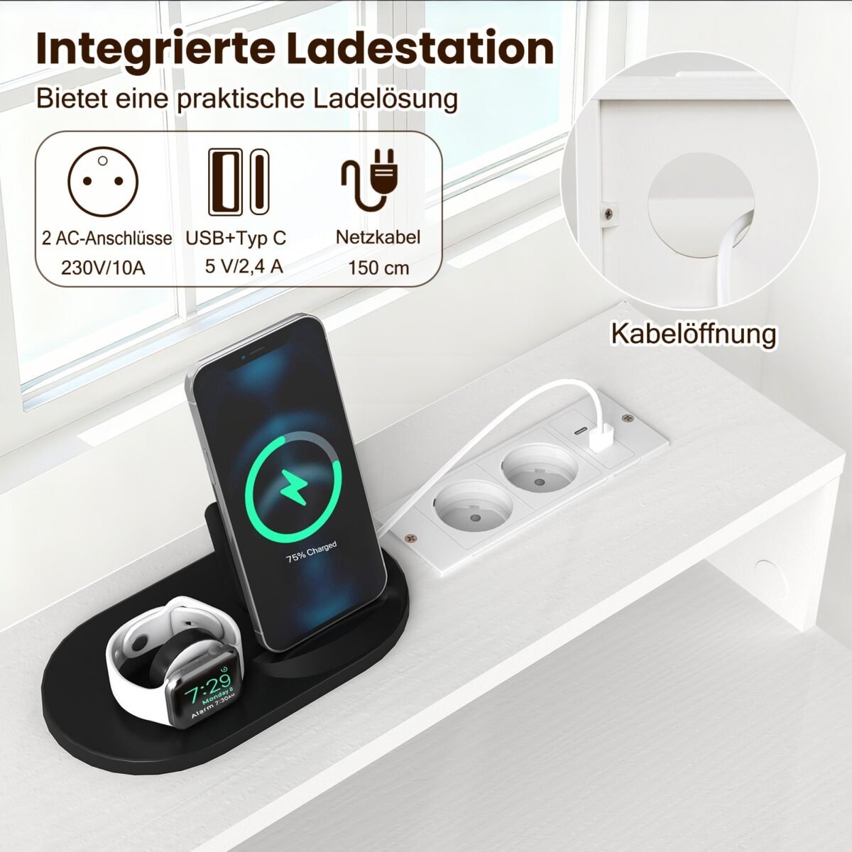 Kompiuterio stalas su integruota įkrovimo stotele ir universaliomis saugyklomis (Balta) – Paveikslėlis 3