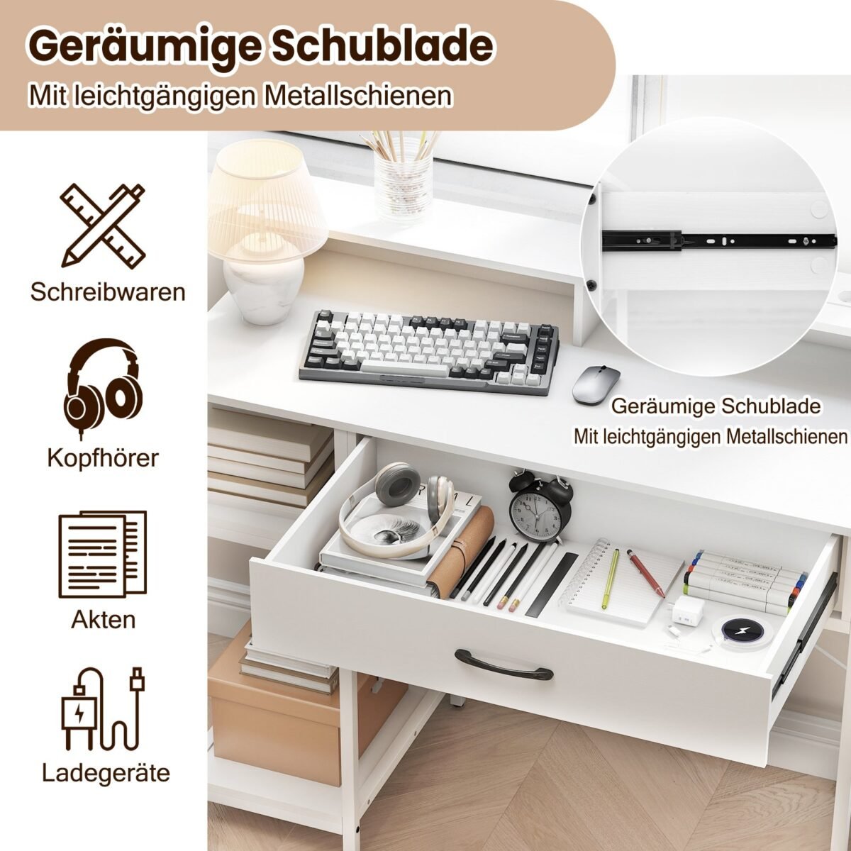 Kompiuterio stalas su integruota įkrovimo stotele ir universaliomis saugyklomis (Balta) – Paveikslėlis 4