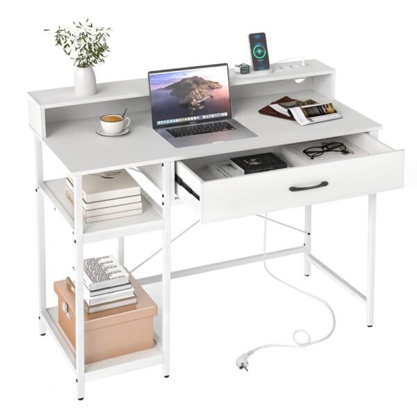Kompiuterio stalas su integruota įkrovimo stotele ir universaliomis saugyklomis (Balta)