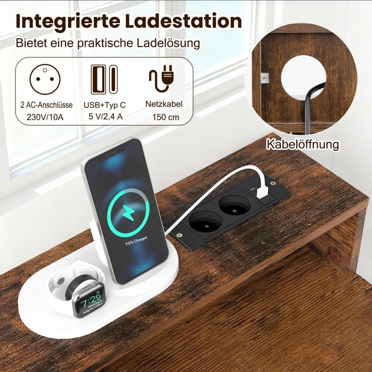 Kompiuterio stalas su integruotais lizdais ir stalčiumi (Kaimiška ruda) – Paveikslėlis 3