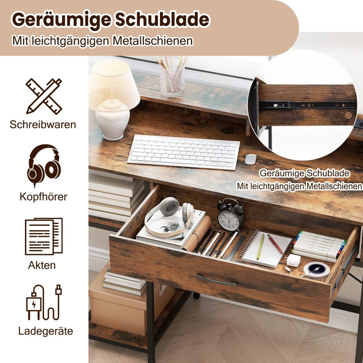 Kompiuterio stalas su integruotais lizdais ir stalčiumi (Kaimiška ruda) – Paveikslėlis 4