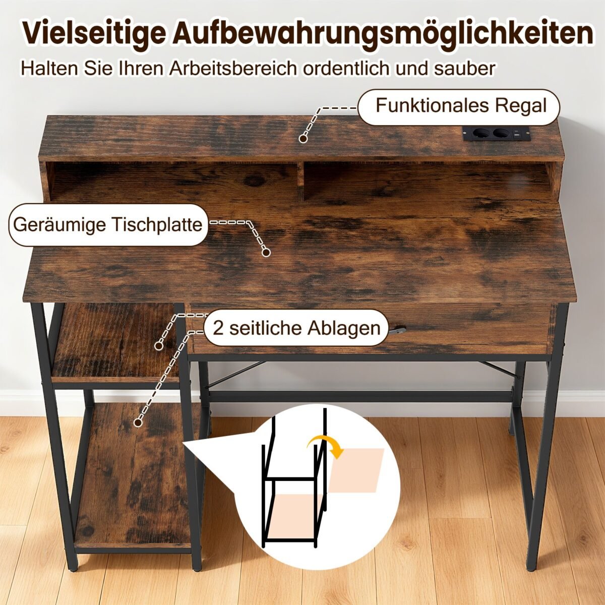 Kompiuterio stalas su integruotais lizdais ir stalčiumi (Kaimiška ruda) – Paveikslėlis 5