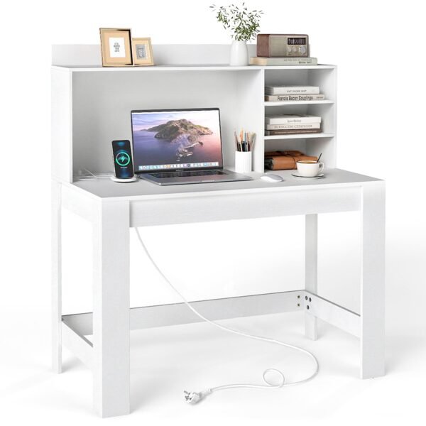Kompiuterio stalas su viršutiniu skyriumi ir integruota įkrovimo stotele (Balta)