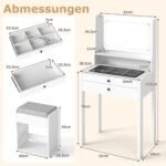 Kosmetinis staliukas su LED veidrodžiu paminkštintu pufu ir integruotais lizdais (Balta) – Paveikslėlis 2