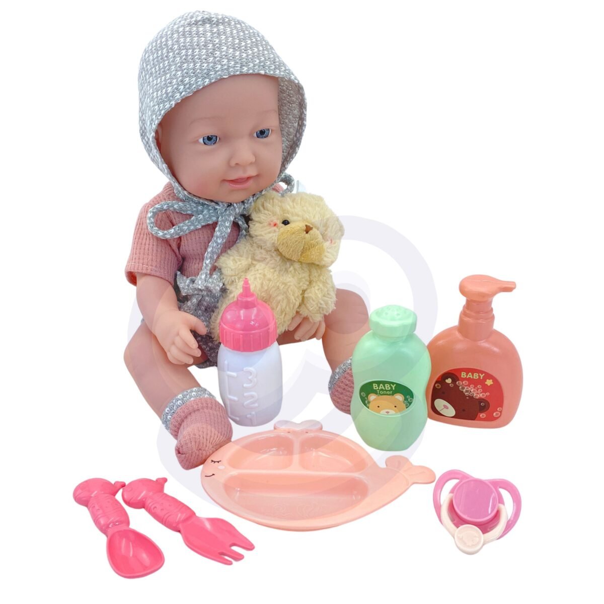 Kūdikio lėlė su rūbeliais, meškiuku ir maitinimo priedais – Paveikslėlis 11