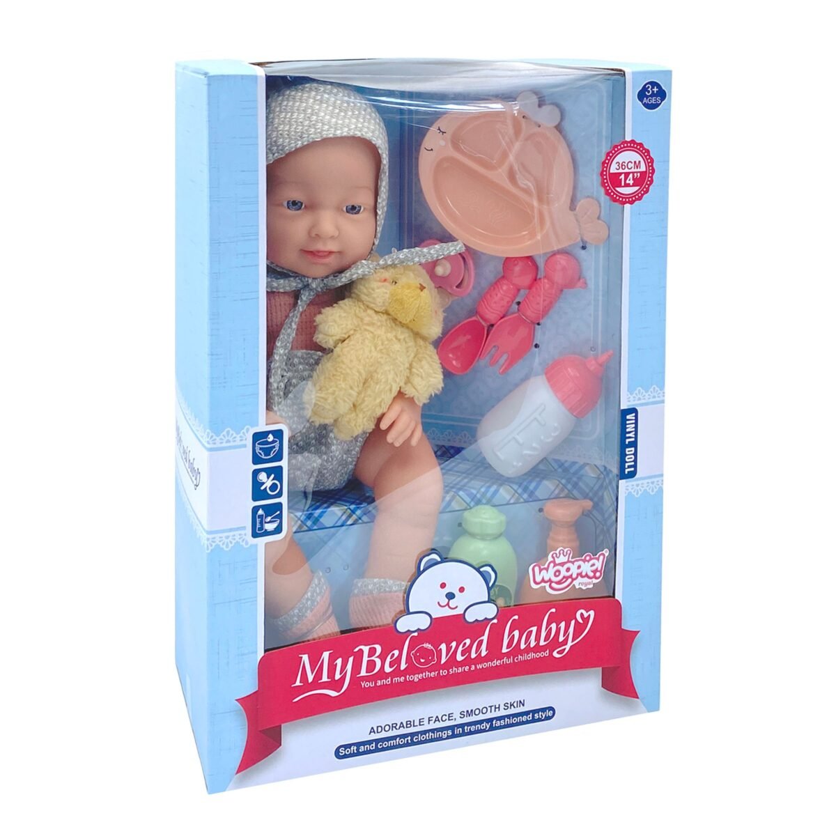 Kūdikio lėlė su rūbeliais, meškiuku ir maitinimo priedais – Paveikslėlis 15