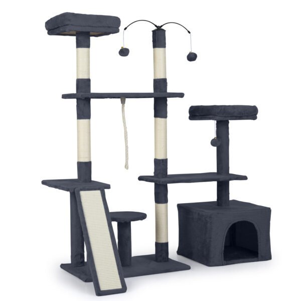 Lankstaus dizaino kačių draskyklė su urvu ir rampa (Tamsiai pilka)