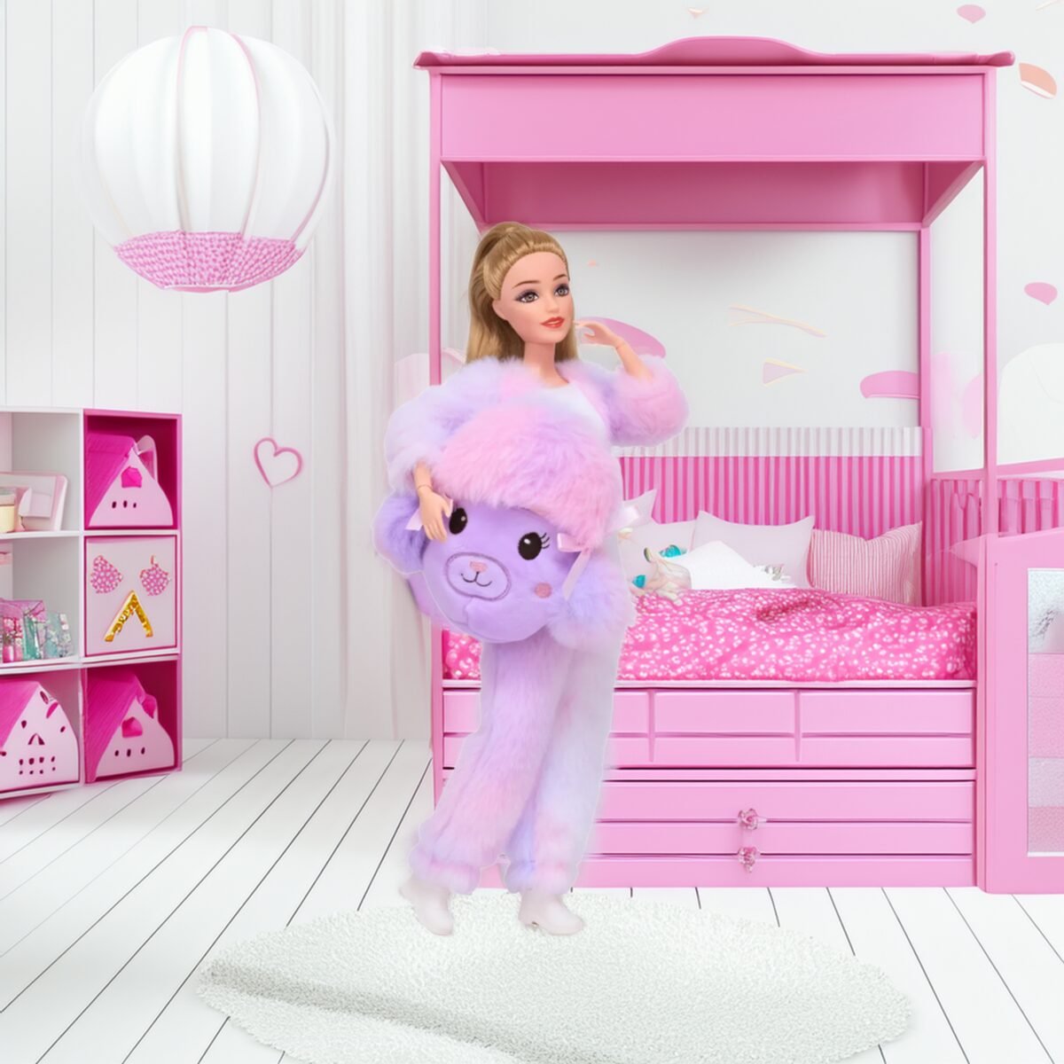 Lėlė Emi su pūkuotu violetiniu avytės drabužėliu ir šepetėliu – Paveikslėlis 2