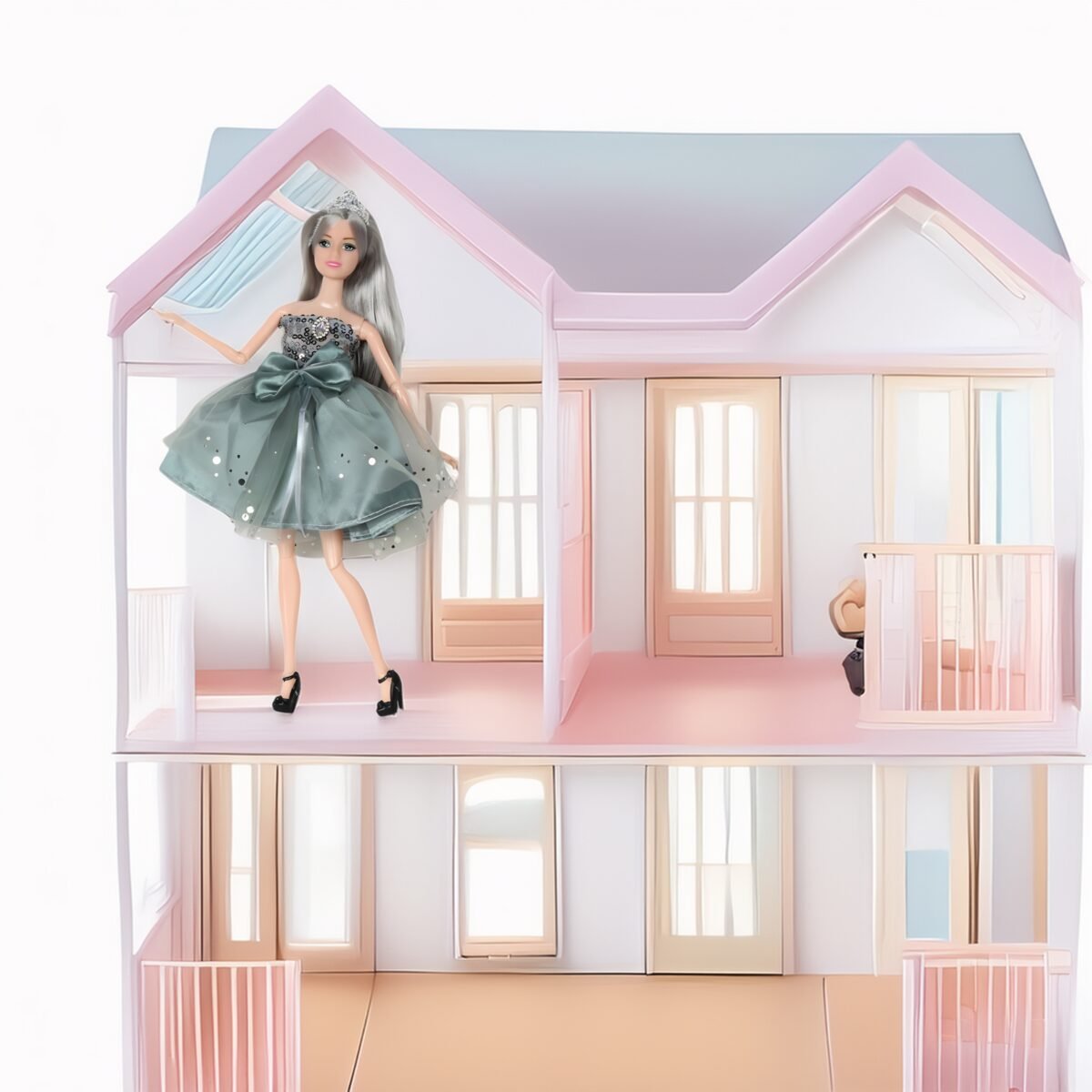 Lėlė Emi žalia tiulio suknele su kaspinu ir puokšte – Paveikslėlis 3