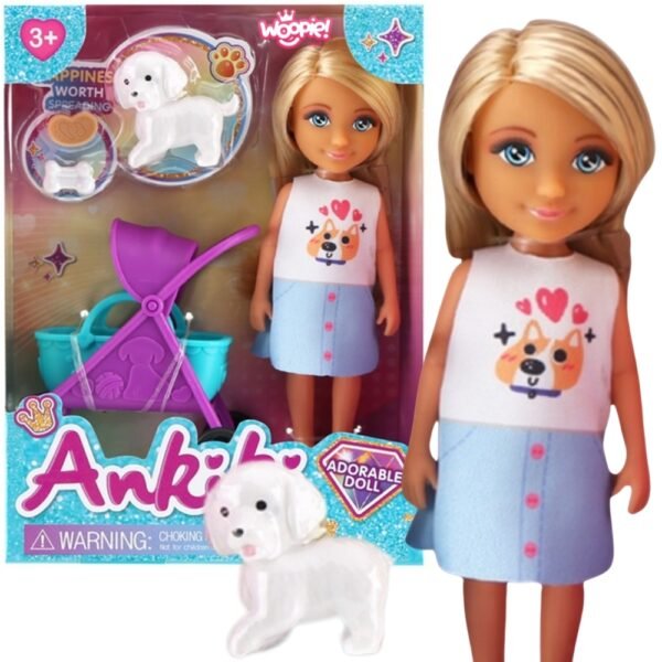 Lėlė su šuniuku ir jo vežimėliu