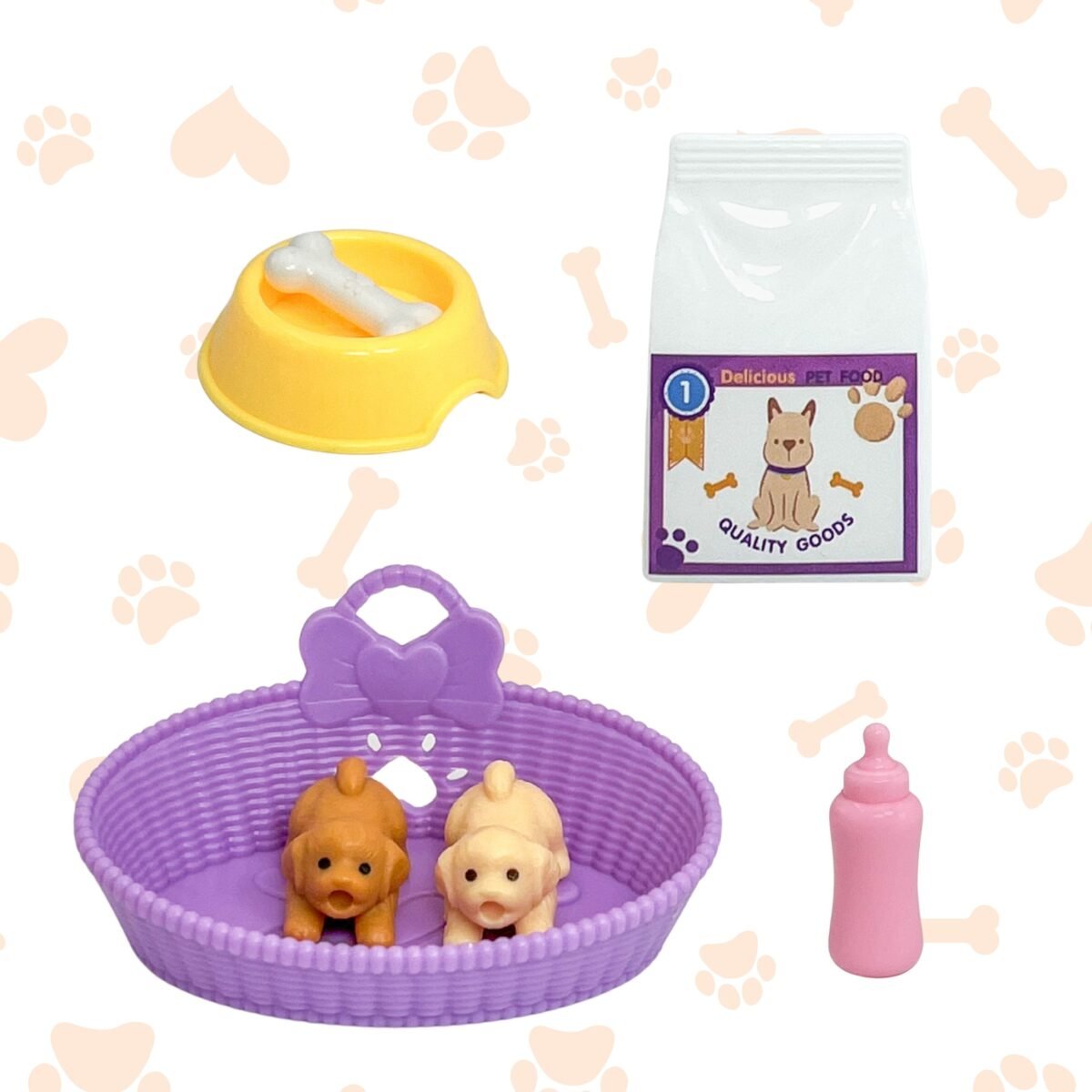 Lėlė su trimis šuniukais krepšyje ir priežiūros priedais – Paveikslėlis 2