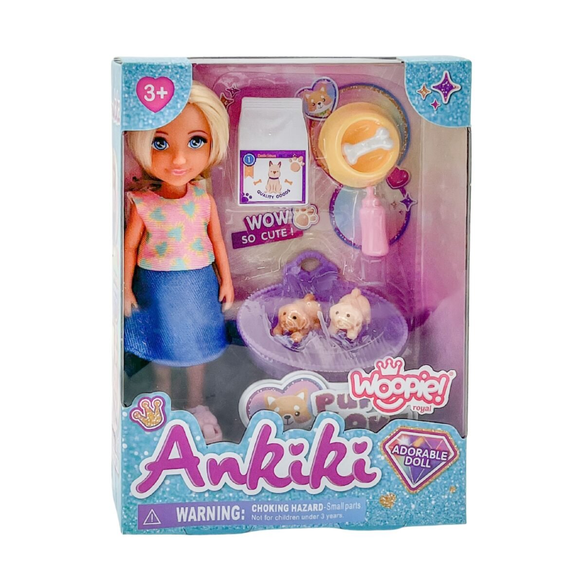 Lėlė su trimis šuniukais krepšyje ir priežiūros priedais – Paveikslėlis 4