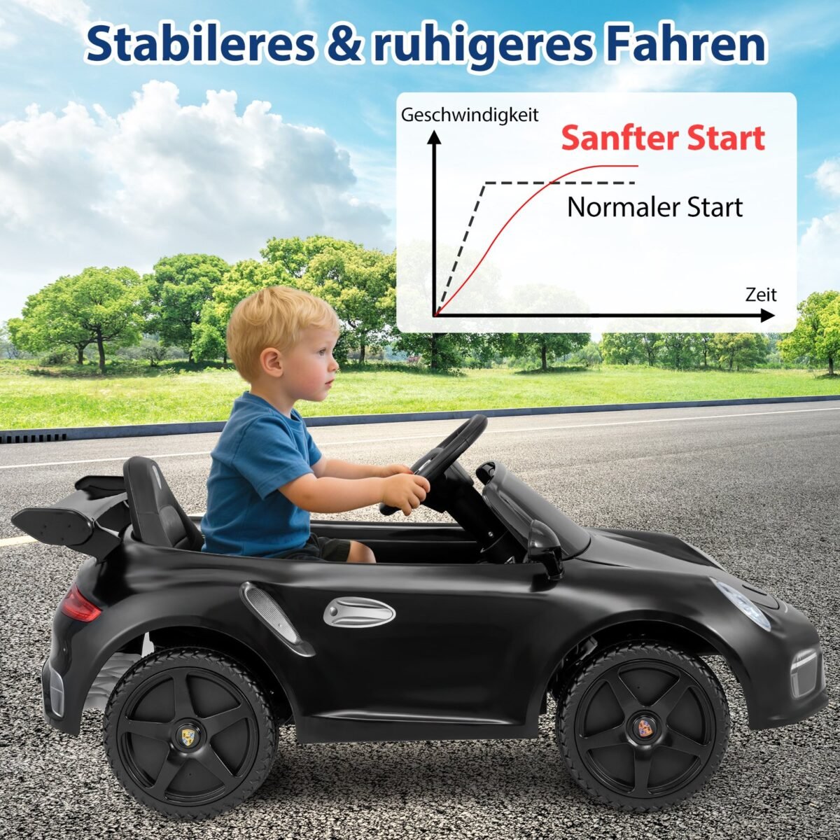 Porsche elektromobilis vaikams su nuotoliniu valdymu (Juoda) – Paveikslėlis 4