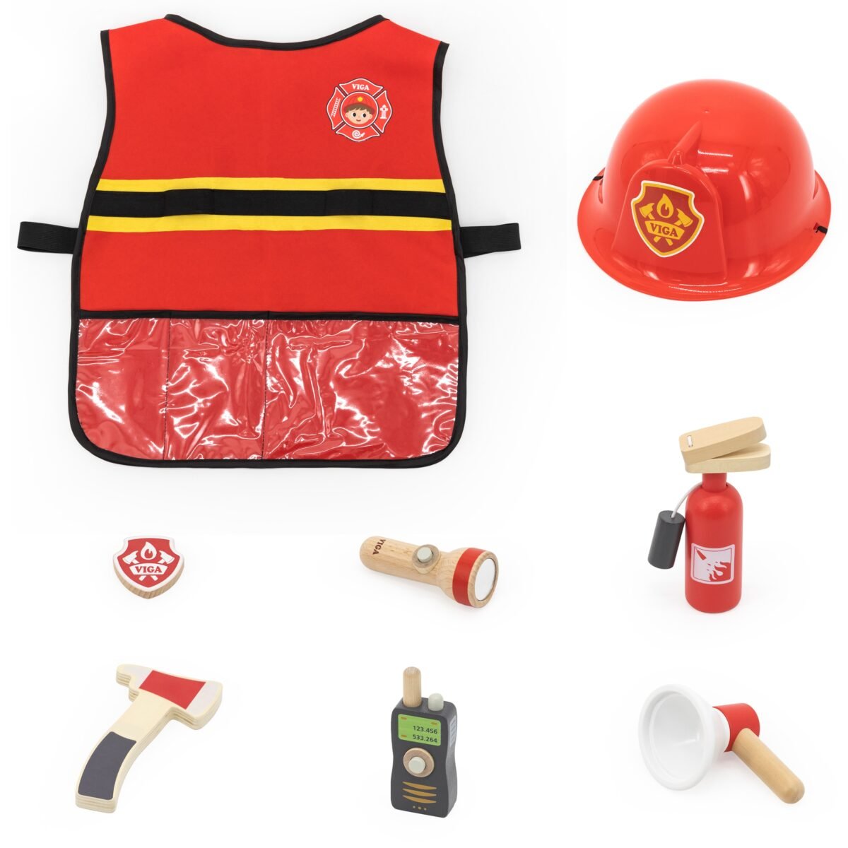 Mažojo ugniagesio rinkinys su liemene ir 7 mediniais priedais – Paveikslėlis 4