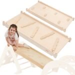 Medinė dvipusė čiuožykla su laipiojimo sienele