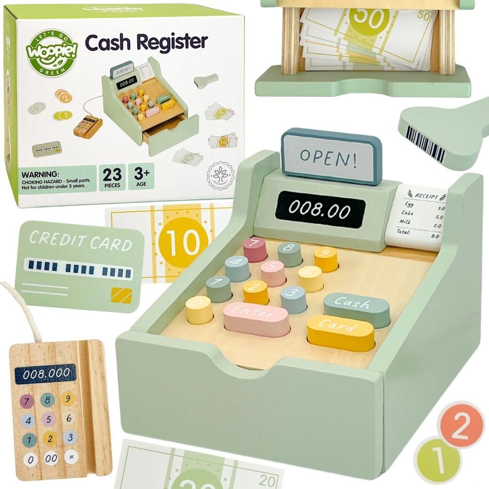 Medinė edukacinė kasa su 23 priedais Medinė edukacinė kasa su 23 priedais