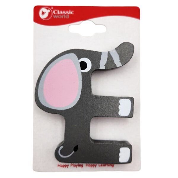 Medinė edukacinė raidė E su gyvūnėlių piešiniais