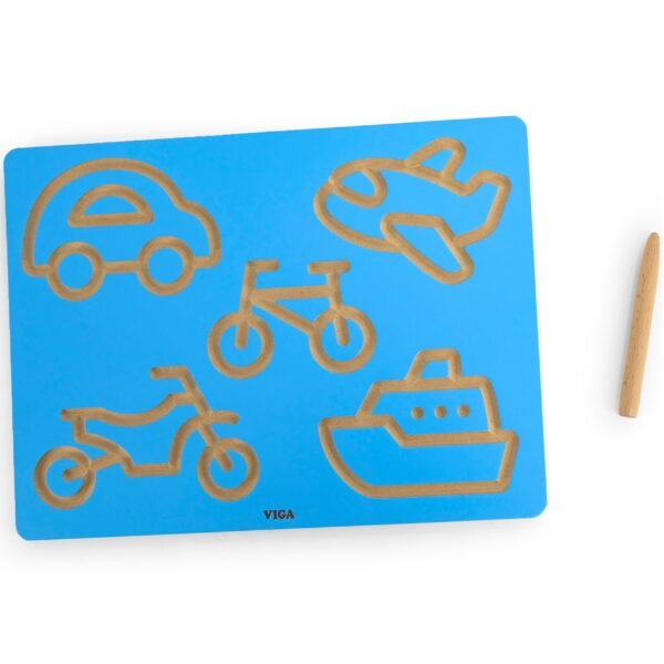 Medinė grafomotorinė lentelė su transporto priemonėmis