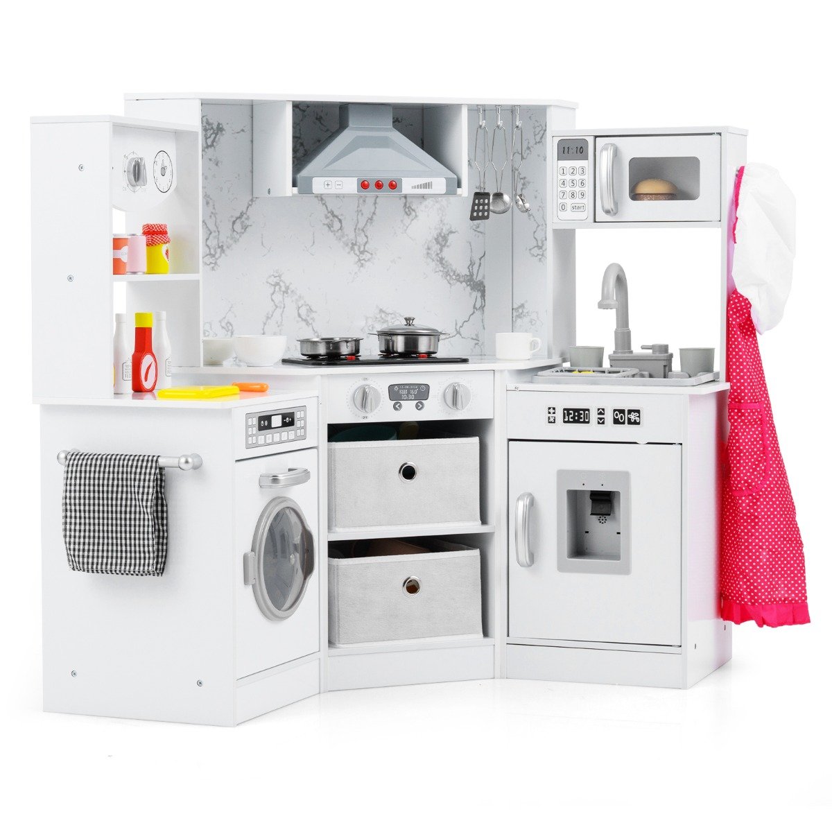 Medinė kampinė vaikų virtuvėlė su šviesos ir garso efektais (Balta)
