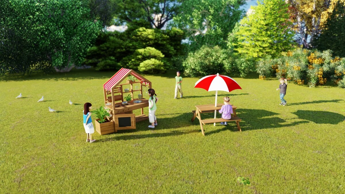 Medinė lauko virtuvėlė su stogeliu ir priedais – Paveikslėlis 9