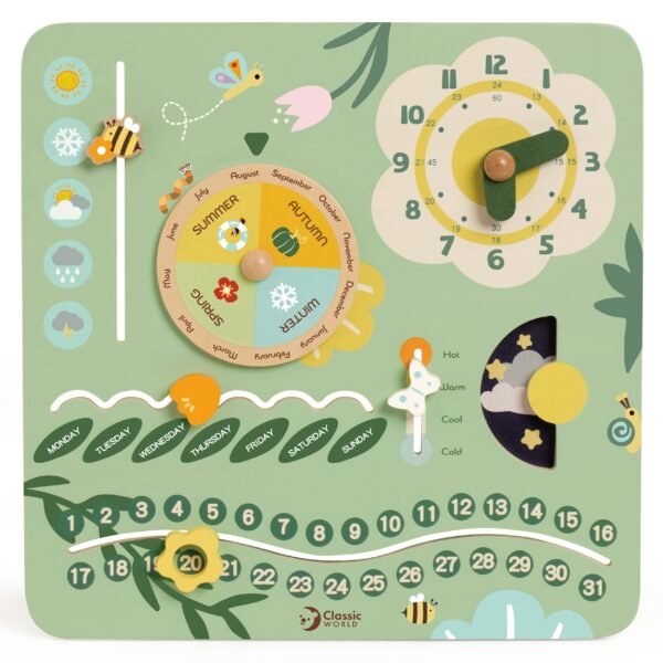 Medinė lavinamoji lenta pirmasis kalendorius su laikrodžiu