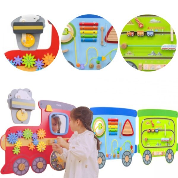 Medinė sensorinė lavinamoji lenta traukinukas