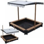 Medinė smėlio dėžė su stogeliu-dangčiu ir suoliukais