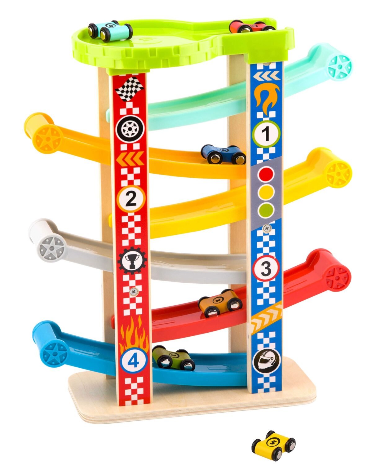 Medinė spalvota mašinėlių trasa su čiuožykla – Paveikslėlis 14