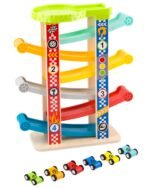 Medinė spalvota mašinėlių trasa su čiuožykla