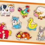 Medinė ūkio gyvūnų dėlionė su rankenėlėmis