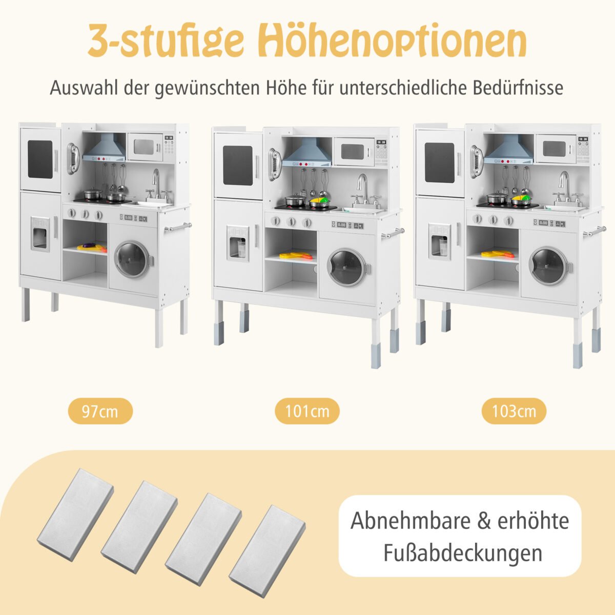 Medinė vaikiška virtuvėlė su reguliuojamu aukščiu ir 16 priedų (Balta) – Paveikslėlis 3