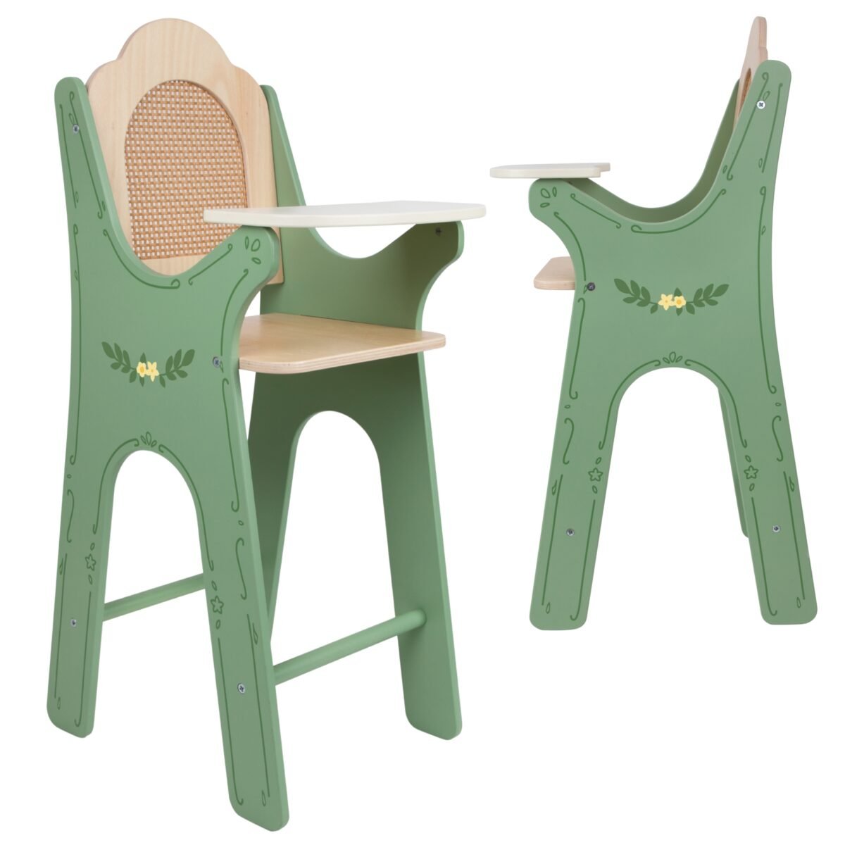 Medinė vintažinė lėlės maitinimo kėdutė su rotango atlošu – Paveikslėlis 3