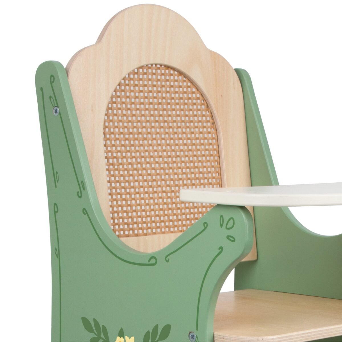 Medinė vintažinė lėlės maitinimo kėdutė su rotango atlošu – Paveikslėlis 4