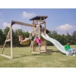 Medinė žaidimų aikštelė su čiuožykla, sūpynėmis ir smėlio dėže, balta – Paveikslėlis 4