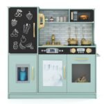 Medinė žaidimų virtuvėlė su lenta ir garsais (Žalia)