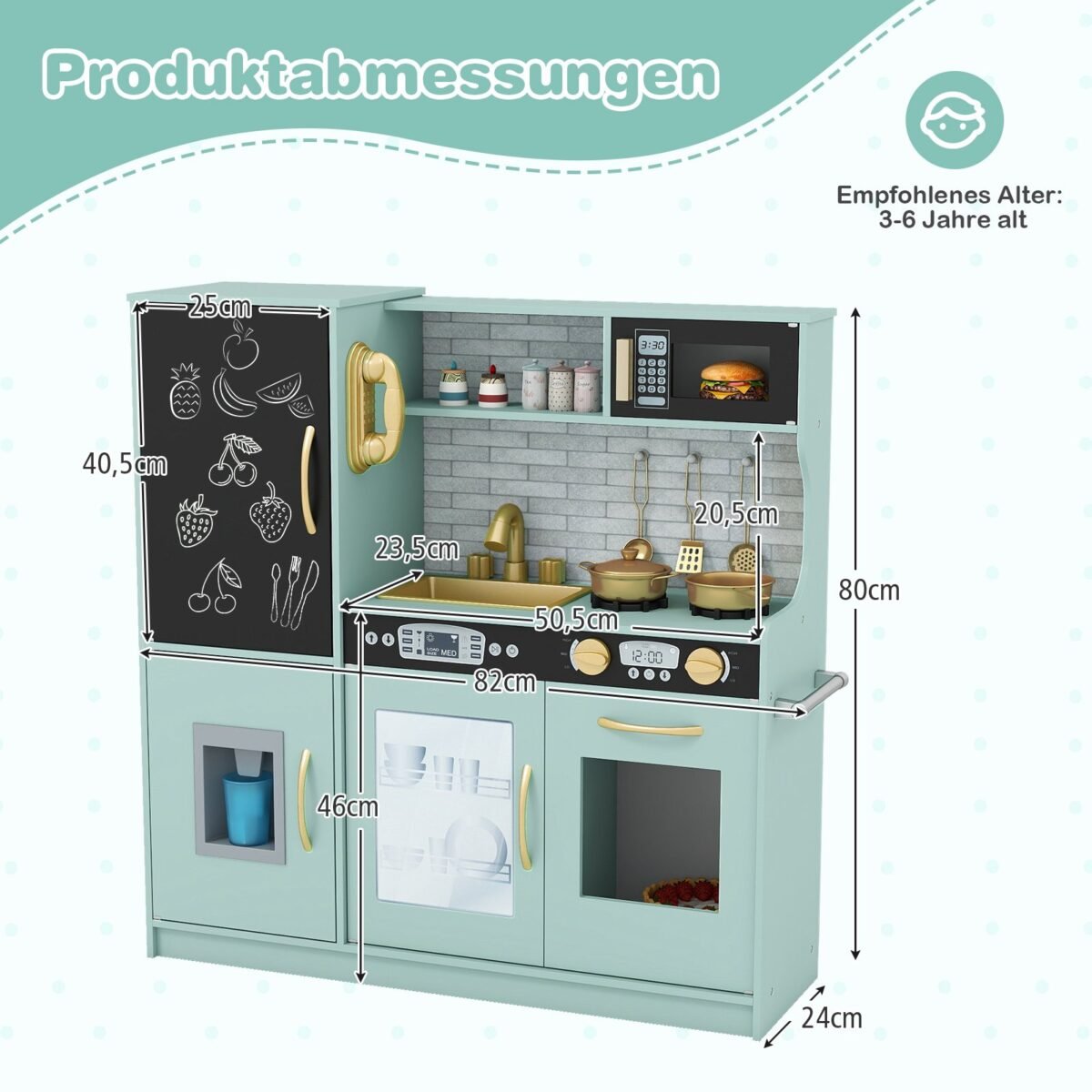 Medinė žaidimų virtuvėlė su lenta ir garsais (Žalia) – Paveikslėlis 2