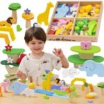 Medinės savanos gyvūnų kaladėlės dėžutėje